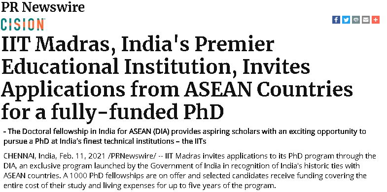 IIT Madras, India’s Premier Educational Institution, Invites Applications from ASEAN Countries for a fully-funded PhD